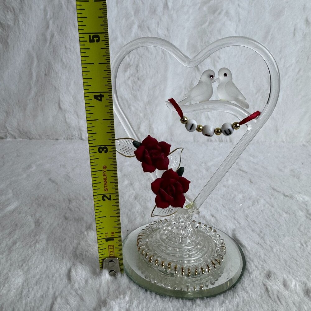 Heart-Shaped Glass Figurine Love Birds Red Roses & "I ❤️ U" Beads By Glass Baron - Picture 5 of 6